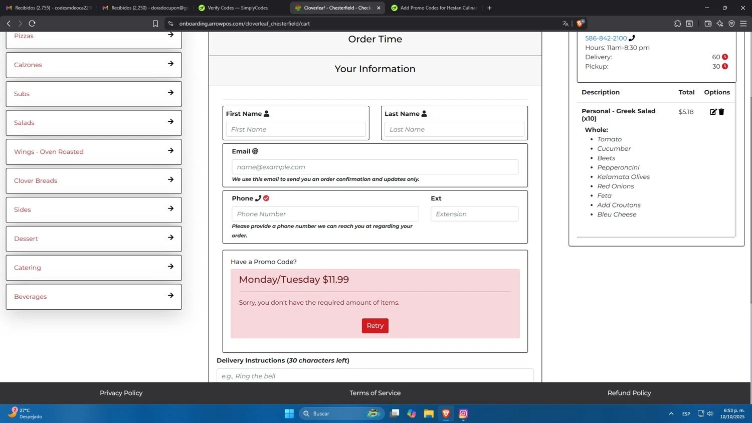 Cloverleaf Pizza coupon code screenshot showing code MTS applied at Cloverleaf Pizza checkout page. Uploaded by SimplyCodes community member Mdeoca on Oct 10, 2025