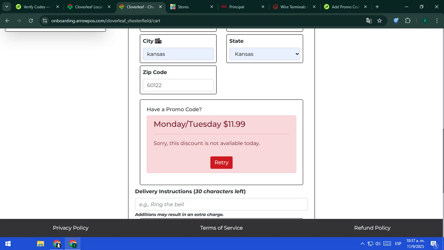 Cloverleaf Pizza checkout page showing Cloverleaf Pizza coupon code box | Screenshot taken by SimplyCodes community member on Sep 11, 2025