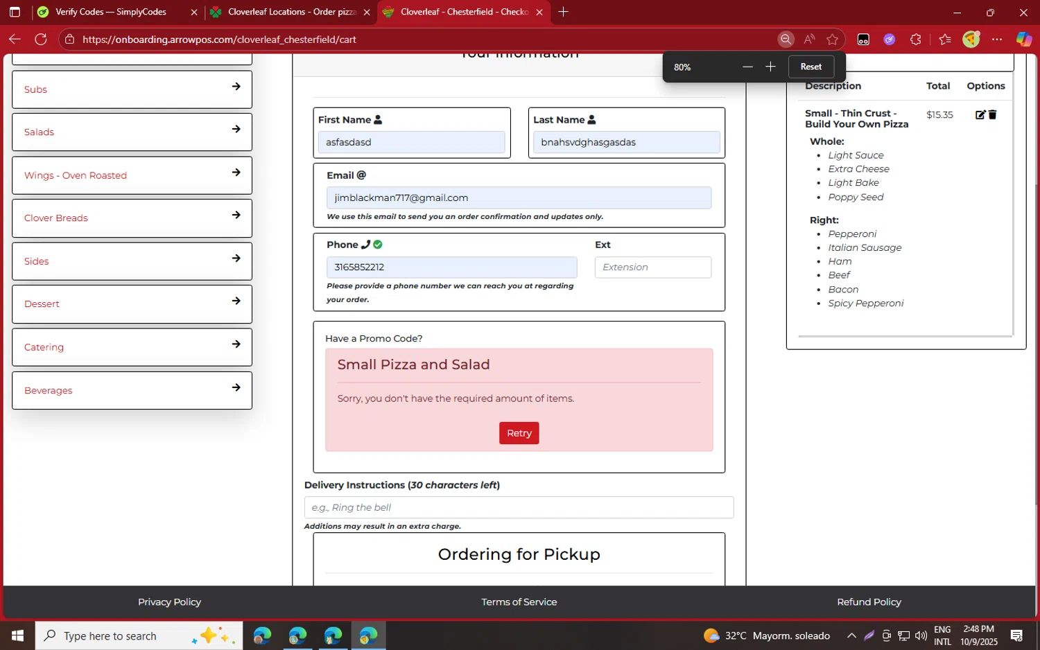 Cloverleaf Pizza coupon code screenshot showing code SPS applied at Cloverleaf Pizza checkout page. Uploaded by SimplyCodes community member jvllsk2 on Oct 9, 2025