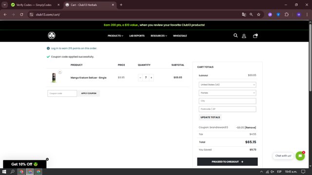 Club13 checkout page showing Club13 coupon code box | Screenshot taken by SimplyCodes community member on Jul 21, 2025