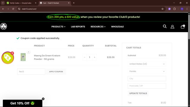 Club13 checkout page showing Club13 coupon code box | Screenshot taken by SimplyCodes community member on Jul 20, 2025