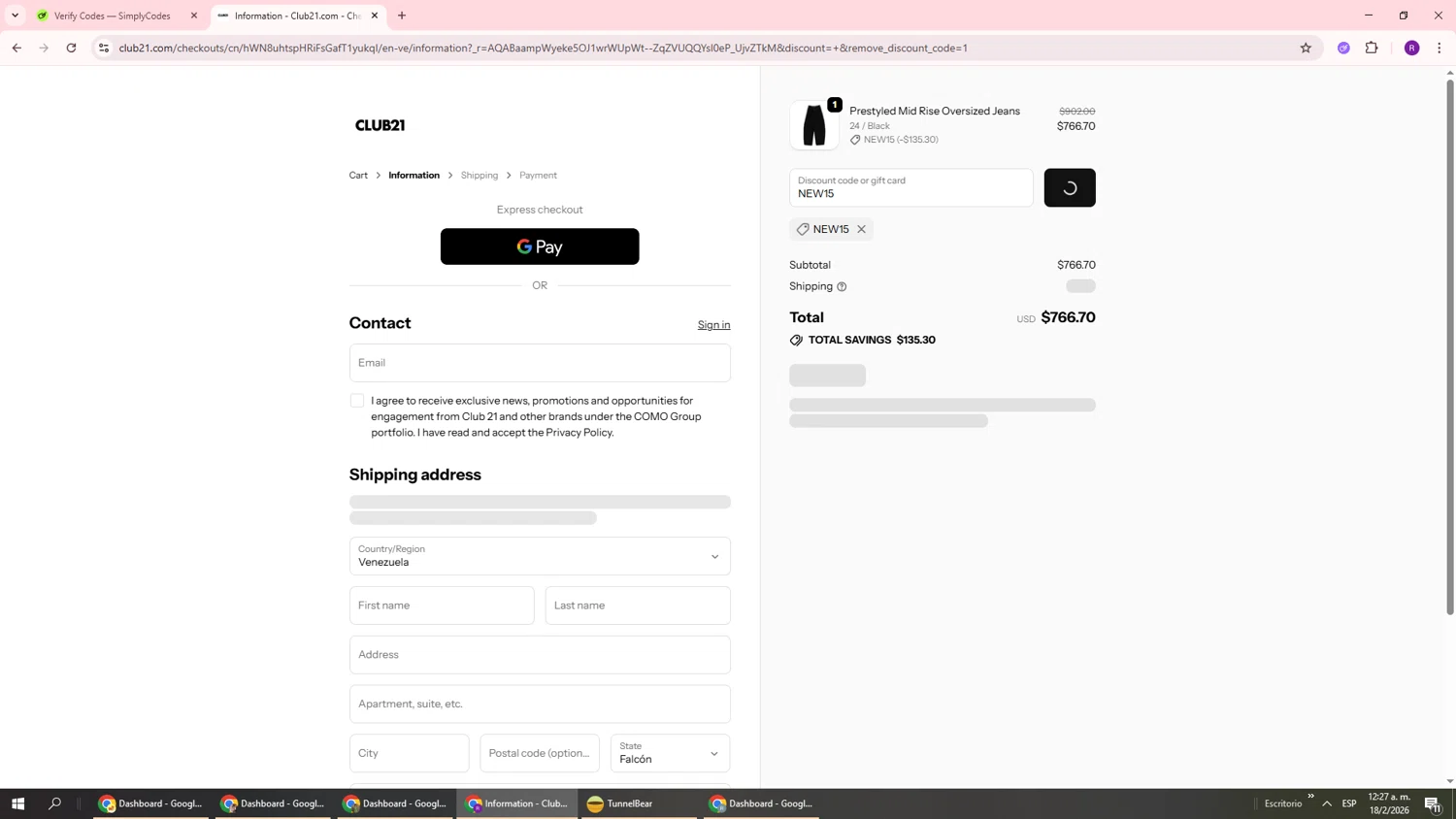 Club21 checkout page showing Club21 promo code box | Screenshot taken by SimplyCodes community member on Feb 18, 2026