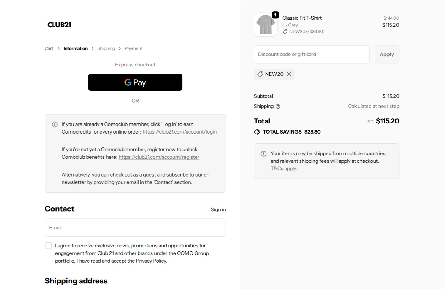 Club21 promo code screenshot showing code NEW20 applied at Club21 checkout page. Uploaded by SimplyCodes community member Dallas on Nov 9, 2025