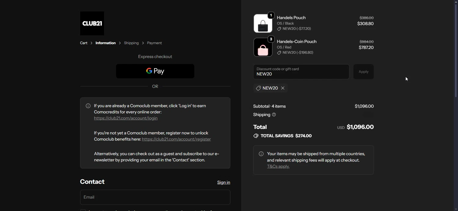 Club21 promo code screenshot showing code NEW20 applied at Club21 checkout page. Uploaded by SimplyCodes community member KarlLM on Dec 23, 2025