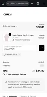 WELCOME15 coupon verification screenshot