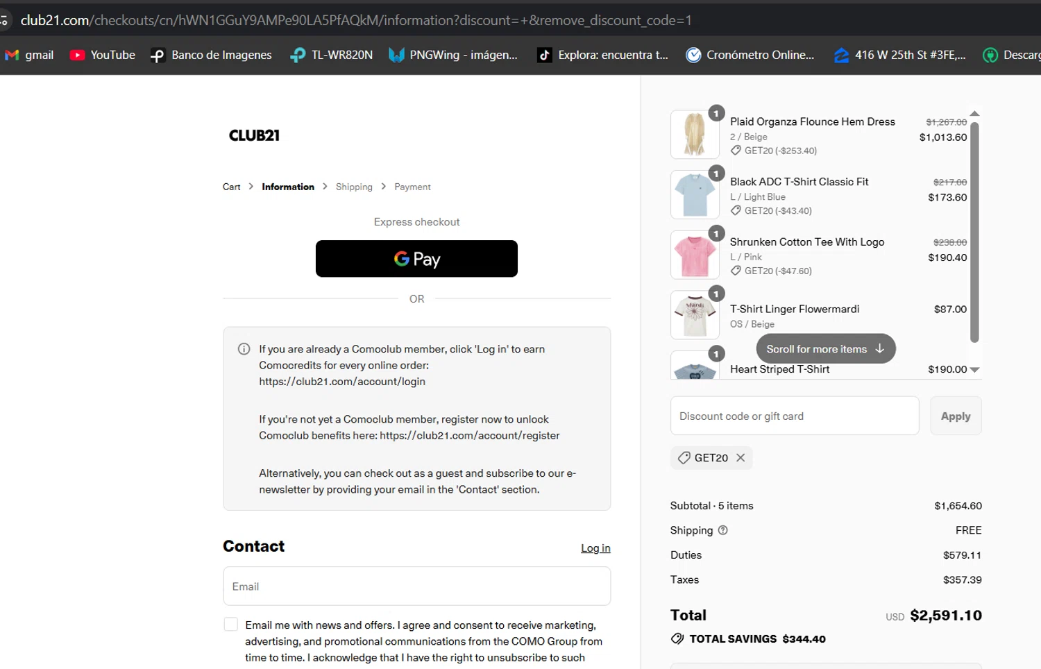 Club21 promo code screenshot showing code GET20 applied at Club21 checkout page. Uploaded by SimplyCodes community member jessikasanckez23 on Jul 31, 2025