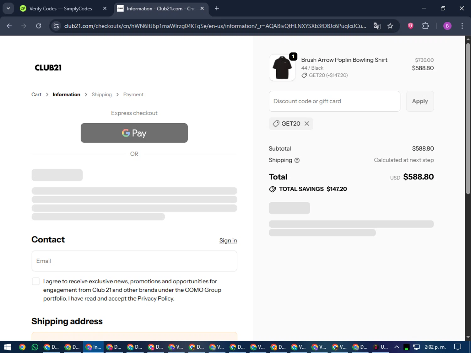 Club21 promo code screenshot showing code GET20 applied at Club21 checkout page. Uploaded by SimplyCodes community member travisscott on Dec 23, 2025