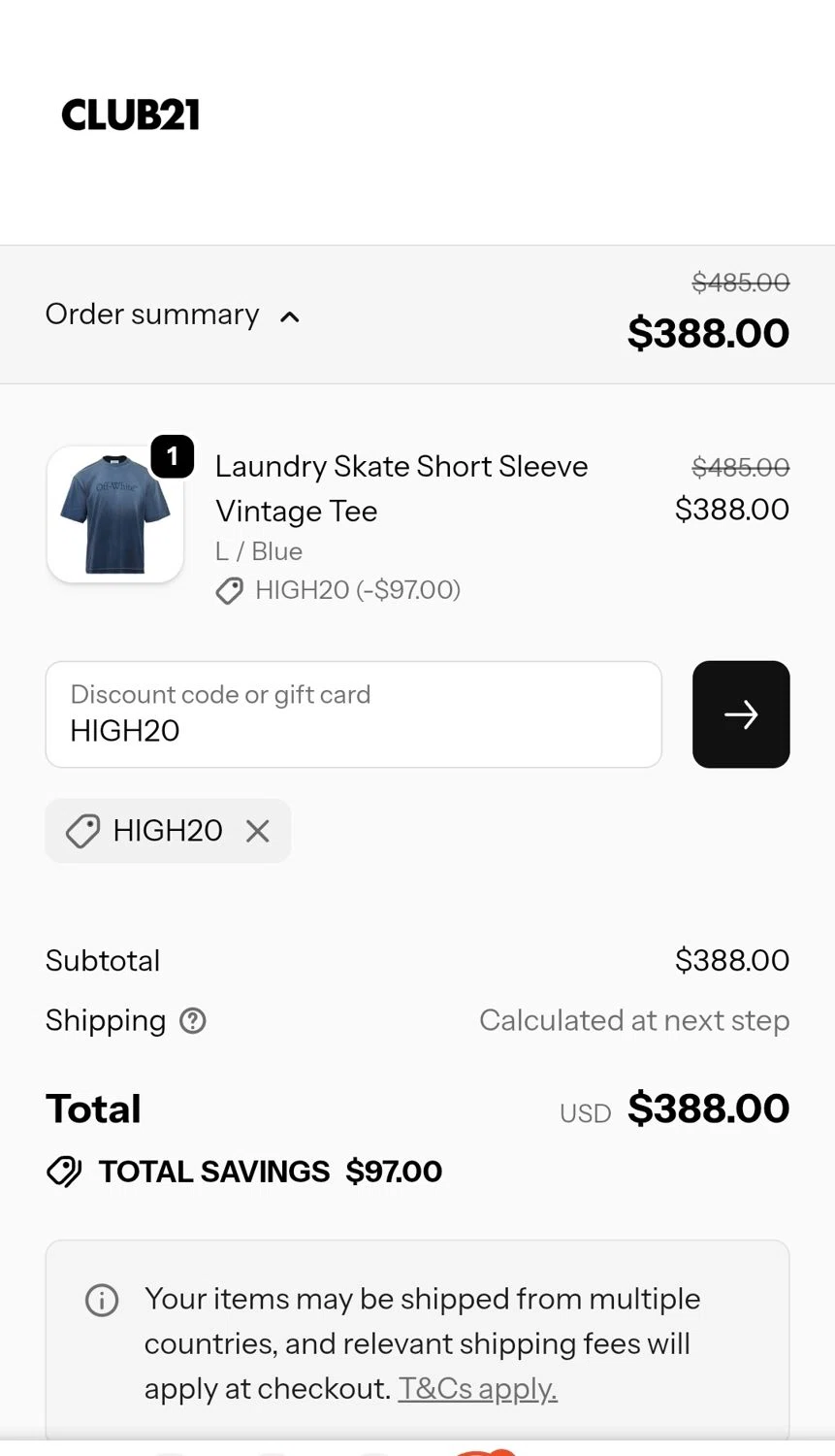 Club21 promo code screenshot showing code HIGH20 applied at Club21 checkout page. Uploaded by SimplyCodes community member JuanMonge on Dec 5, 2025