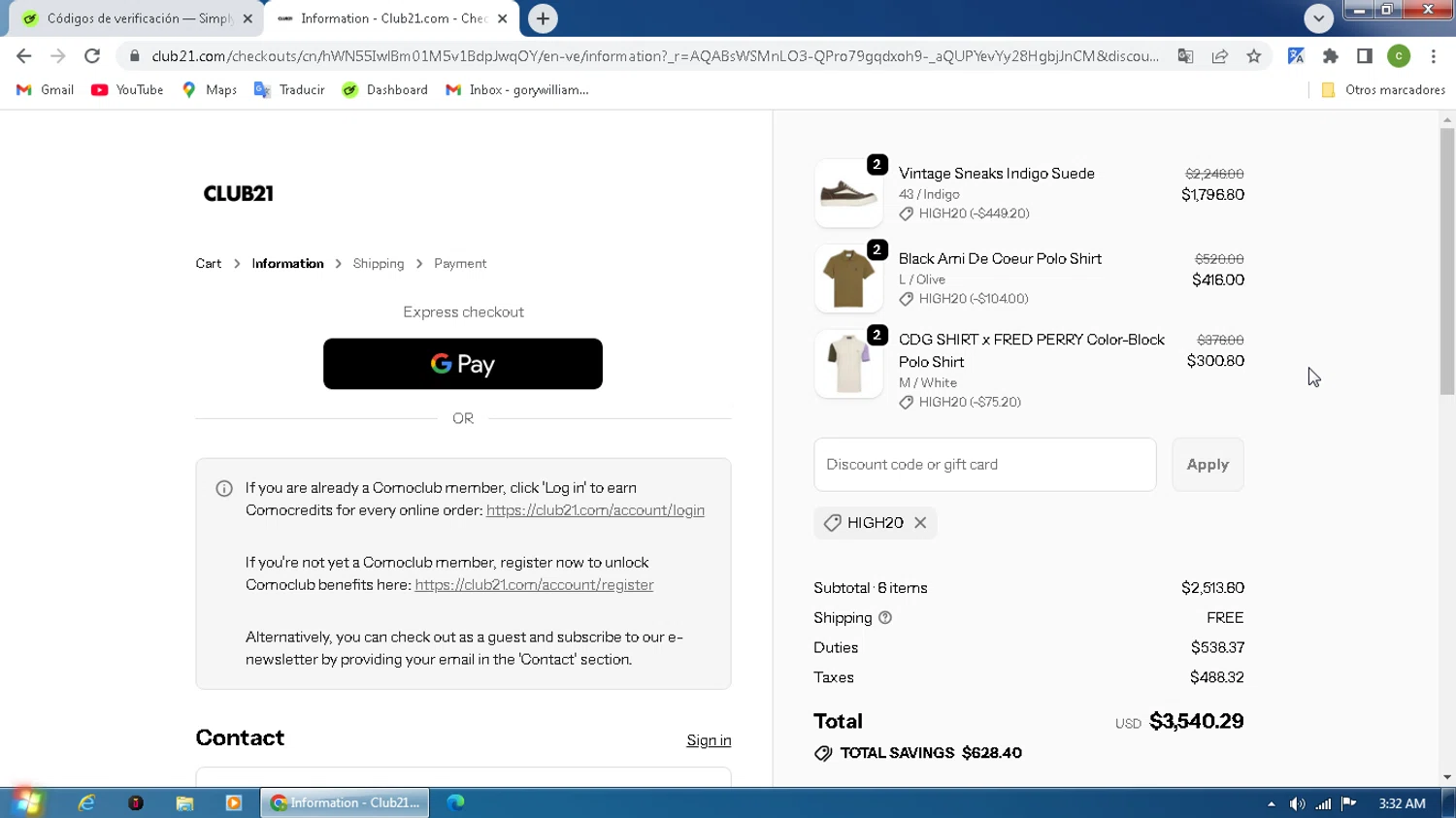 Club21 promo code screenshot showing code HIGH20 applied at Club21 checkout page. Uploaded by SimplyCodes community member MagnificentPilot8371 on Nov 9, 2025