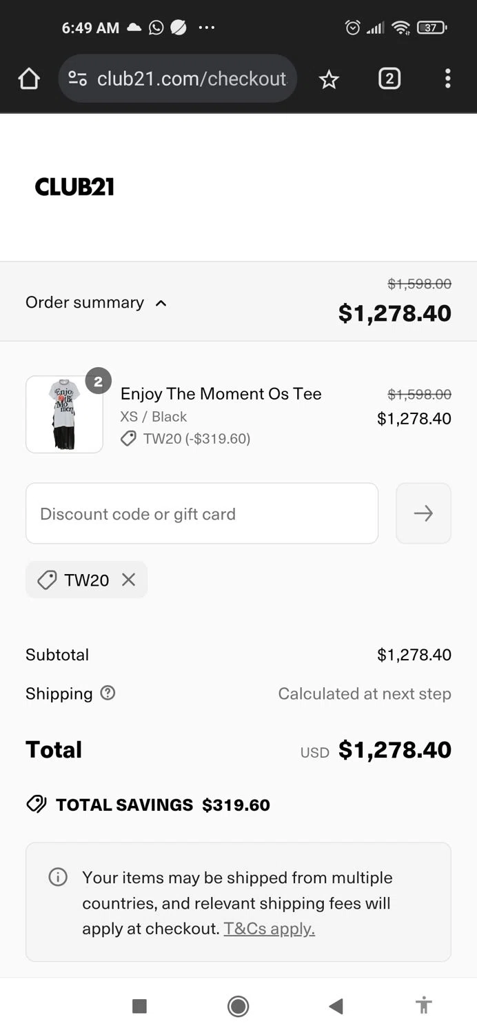 Club21 promo code screenshot showing code TW20 applied at Club21 checkout page. Uploaded by SimplyCodes community member Mujerdejunnior on Apr 7, 2025