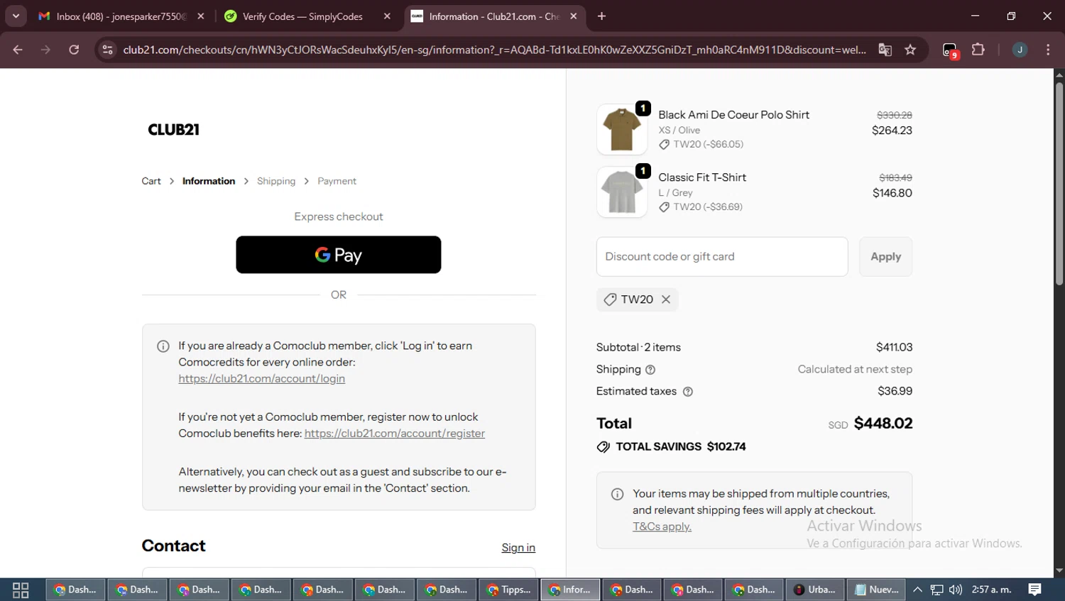 Club21 promo code screenshot showing code TW20 applied at Club21 checkout page. Uploaded by SimplyCodes community member ScanLynx8928 on Nov 9, 2025