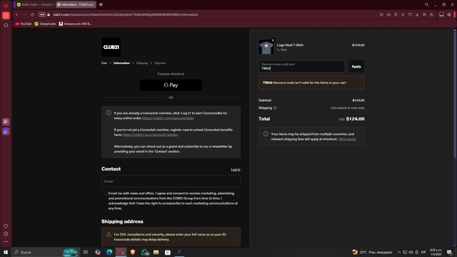 Club21 promo code screenshot showing code TW20 applied at Club21 checkout page. Uploaded by SimplyCodes community member TheRodan on Mar 1, 2025