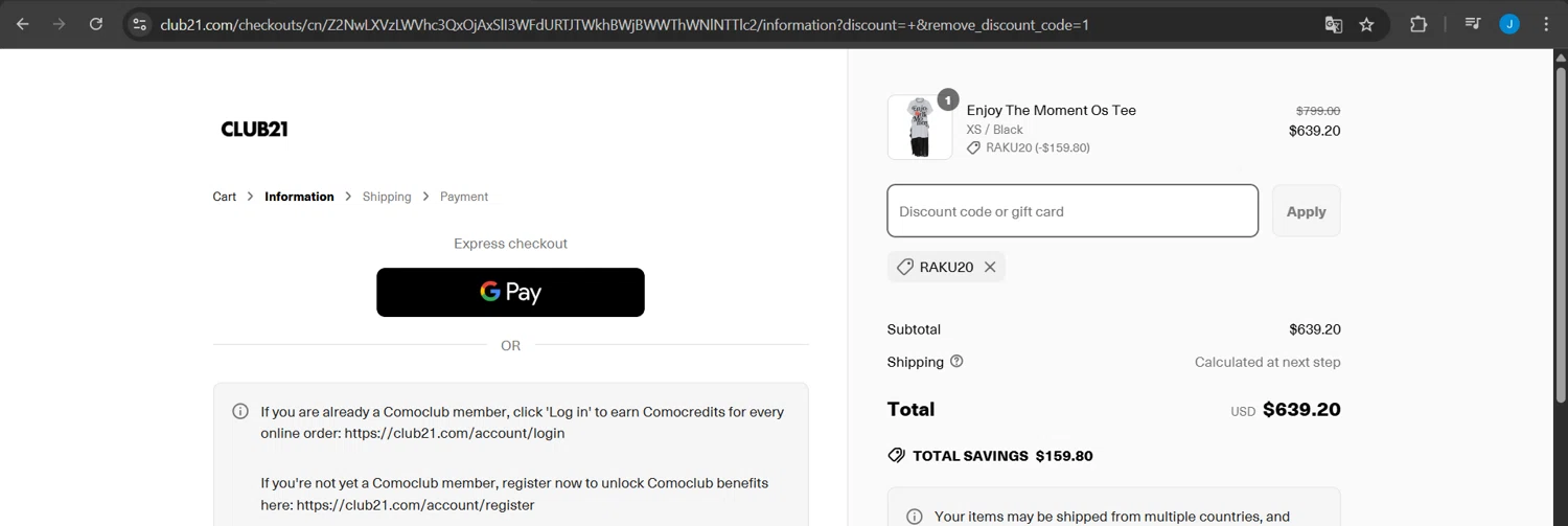 Club21 promo code screenshot showing code RAKU20 applied at Club21 checkout page. Uploaded by SimplyCodes community member Jeanjc on Apr 7, 2025