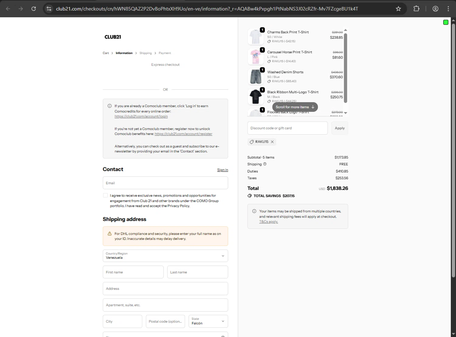 Club21 checkout page showing Club21 promo code box | Screenshot taken by SimplyCodes community member on Jan 27, 2026