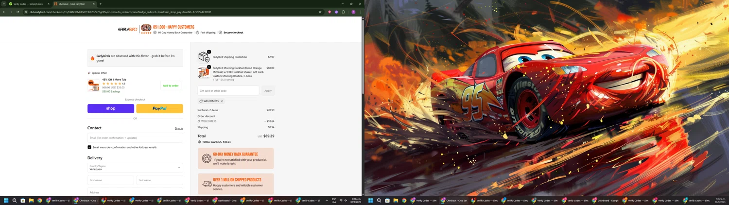 Club EarlyBird discount code screenshot showing code WELCOME15 applied at Club EarlyBird checkout page. Uploaded by SimplyCodes community member RoyalSentinel4577 on Sep 30, 2025