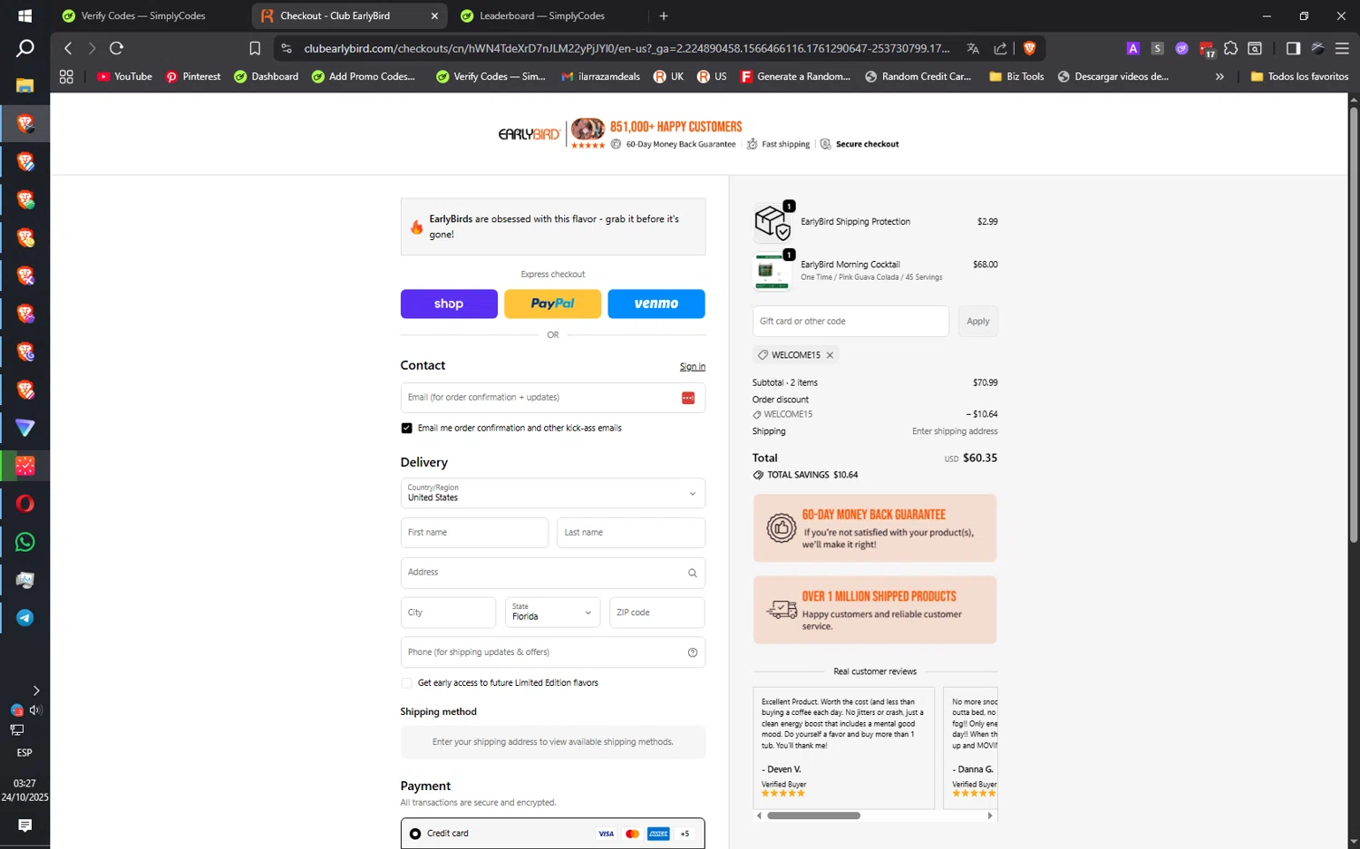 Club EarlyBird discount code screenshot showing code WELCOME15 applied at Club EarlyBird checkout page. Uploaded by SimplyCodes community member ilarrazaM1 on Oct 24, 2025