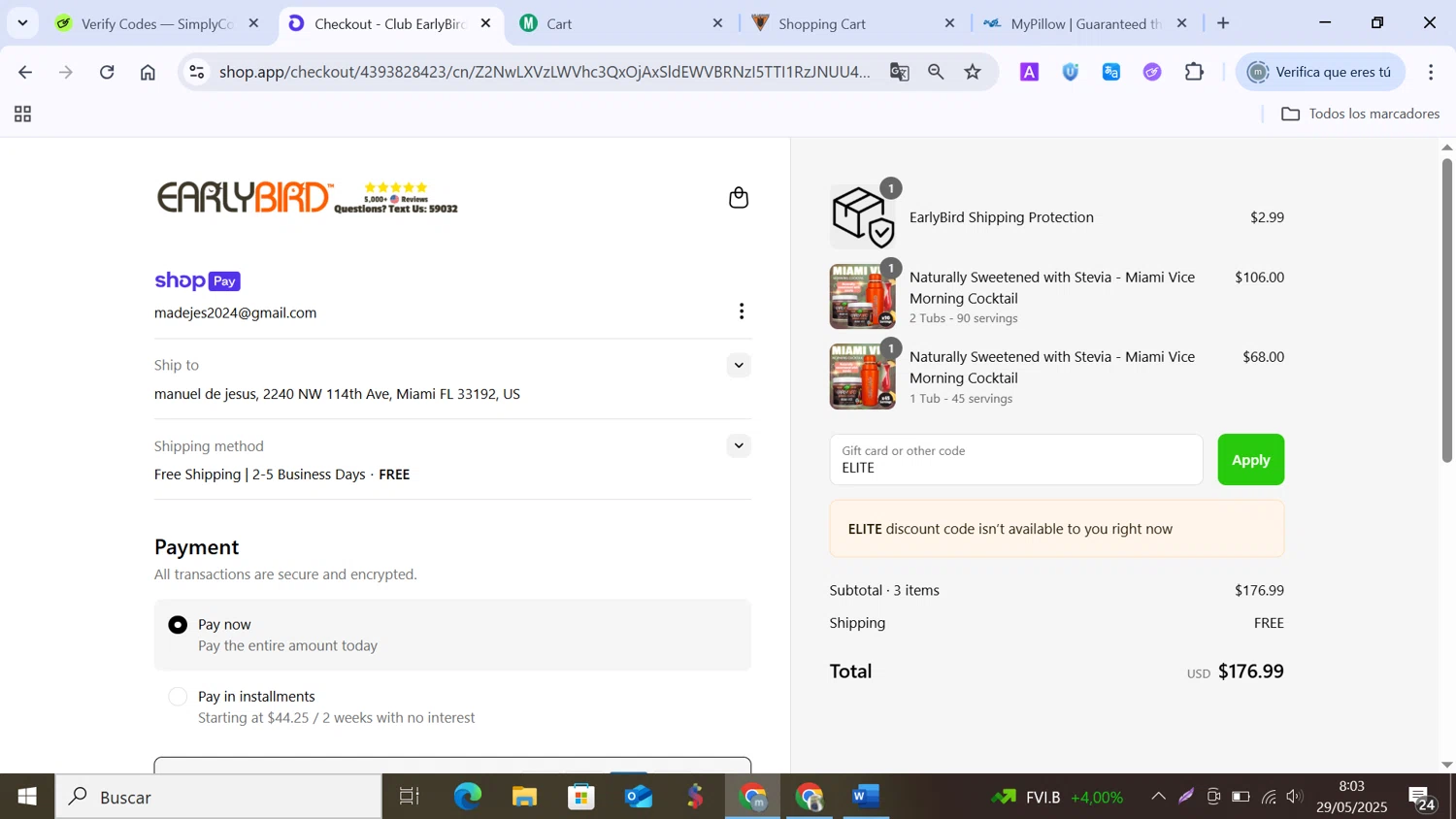 Club EarlyBird discount code screenshot showing code ELITE applied at Club EarlyBird checkout page. Uploaded by SimplyCodes community member MANUELURBINA on May 29, 2025