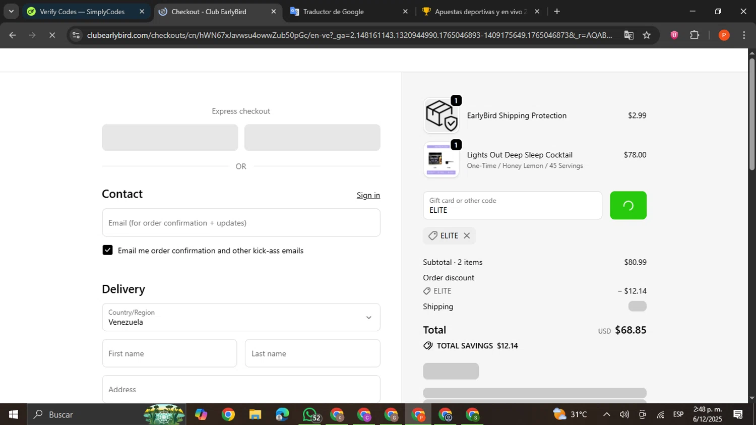 Club EarlyBird discount code screenshot showing code ELITE applied at Club EarlyBird checkout page. Uploaded by SimplyCodes community member VictoriousCaptain2658 on Dec 6, 2025