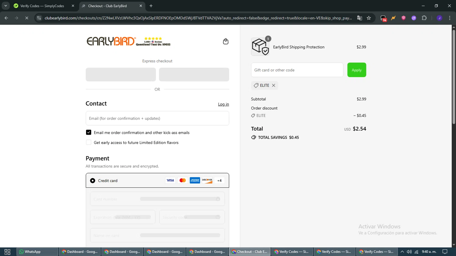 Club EarlyBird discount code screenshot showing code ELITE applied at Club EarlyBird checkout page. Uploaded by SimplyCodes community member WiseMaven9968 on Jul 5, 2025