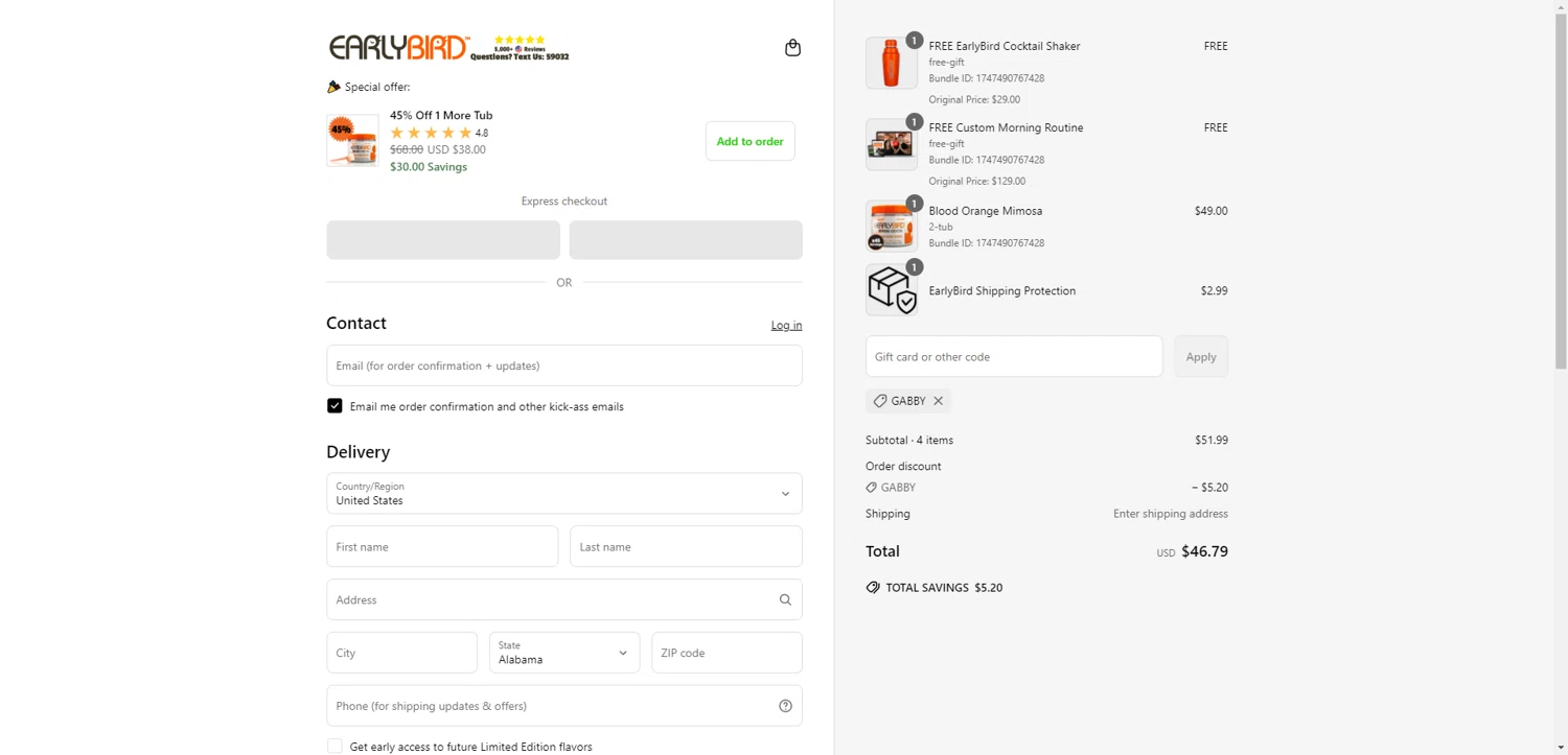 Club EarlyBird discount code screenshot showing code GABBY applied at Club EarlyBird checkout page. Uploaded by SimplyCodes community member SilverChaser3269 on Jun 11, 2025