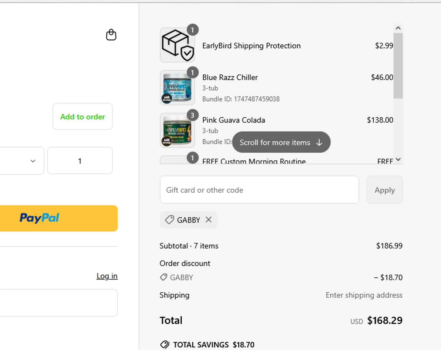 Club EarlyBird discount code screenshot showing code GABBY applied at Club EarlyBird checkout page. Uploaded by SimplyCodes community member CRYSTALSUICINE on May 17, 2025