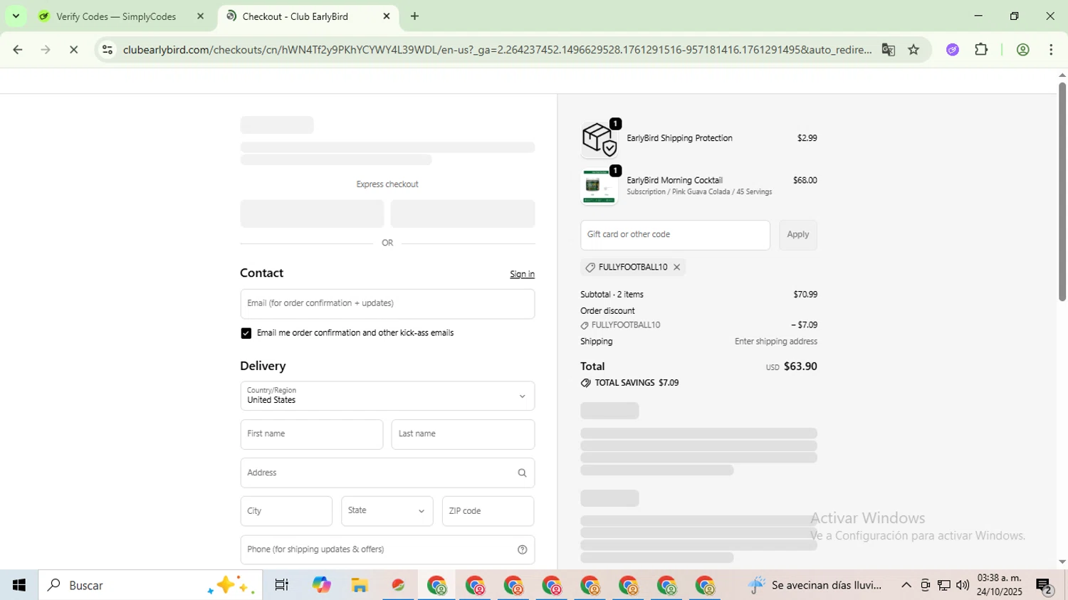 Club EarlyBird discount code screenshot showing code FULLYFOOTBALL10 applied at Club EarlyBird checkout page. Uploaded by SimplyCodes community member CleverSeeker3529 on Oct 24, 2025