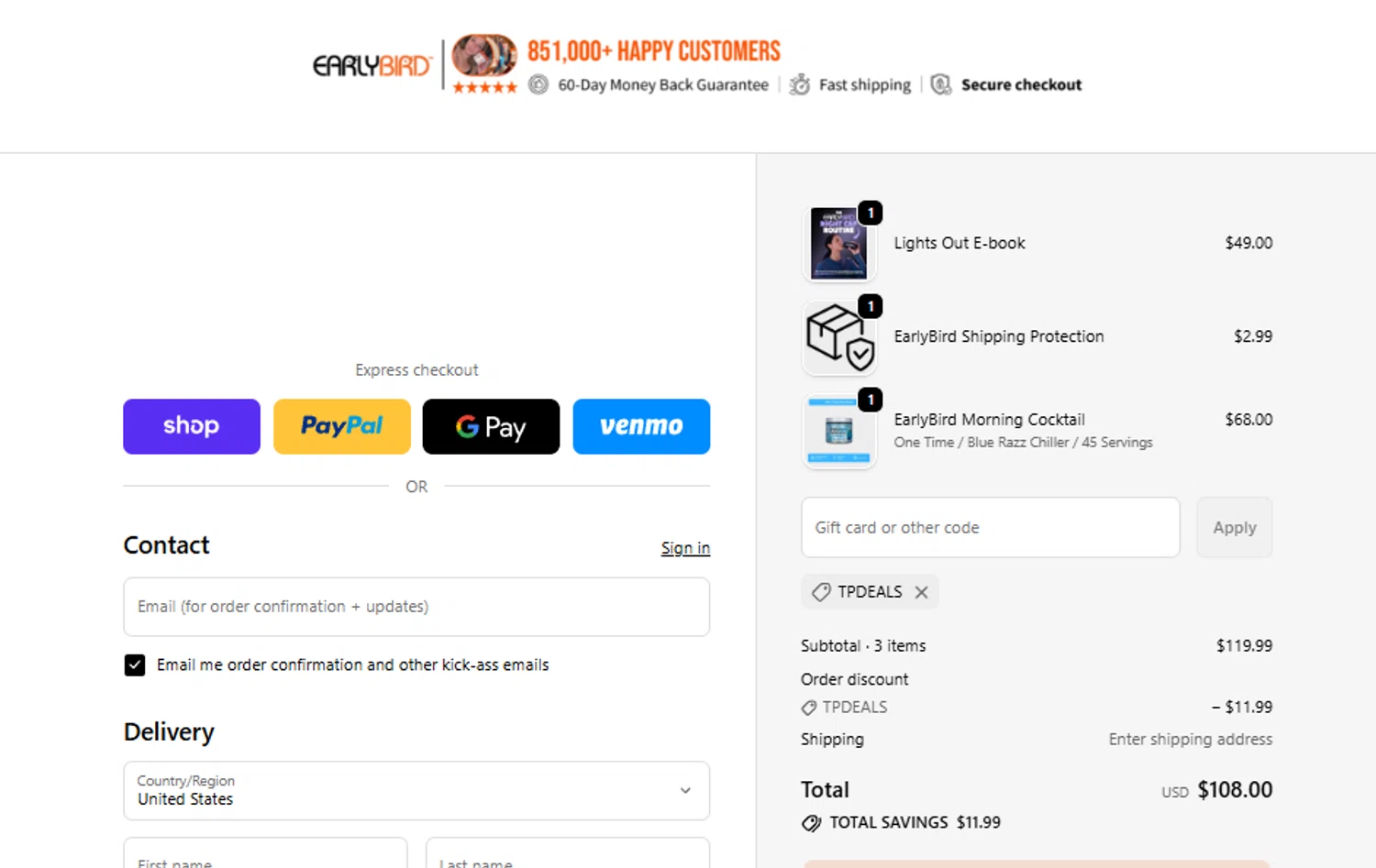 Club EarlyBird discount code screenshot showing code TPDEALS applied at Club EarlyBird checkout page. Uploaded by SimplyCodes community member SimplyCVerlie on Jan 9, 2026