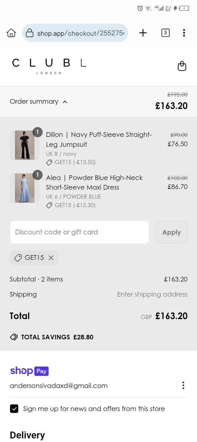 Club L London discount code screenshot showing code GET15 applied at Club L London checkout page. Uploaded by SimplyCodes community member Xx_Cogeburras3000_xX on Apr 19, 2025