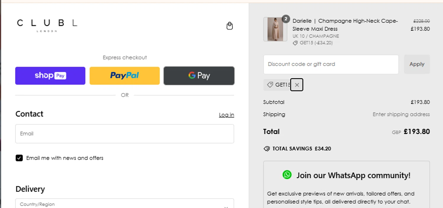 Club L London discount code screenshot showing code GET15 applied at Club L London checkout page. Uploaded by SimplyCodes community member jholaurimar08 on Jan 24, 2025