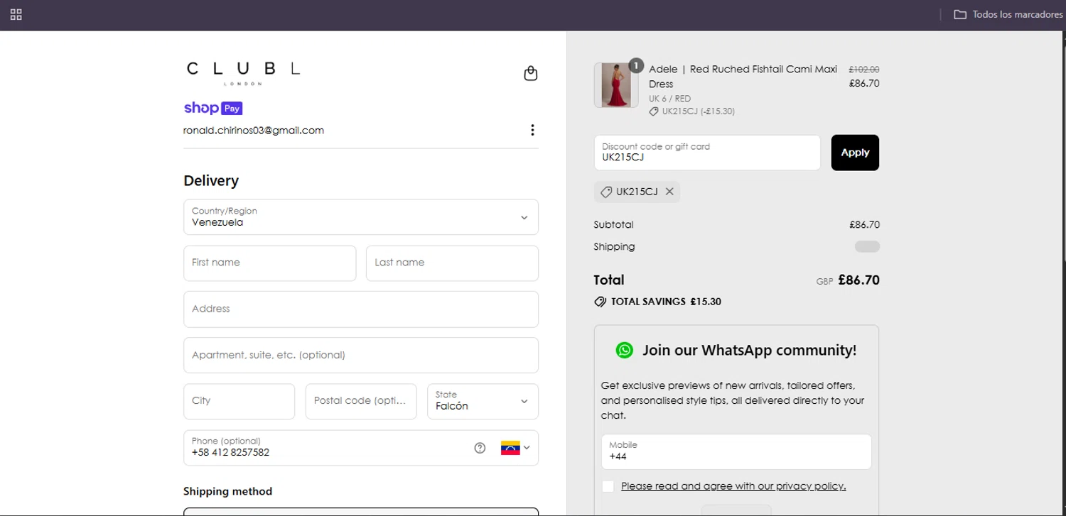 Club L London discount code screenshot showing code UK215CJ applied at Club L London checkout page. Uploaded by SimplyCodes community member Egni_149037891 on Jul 3, 2025