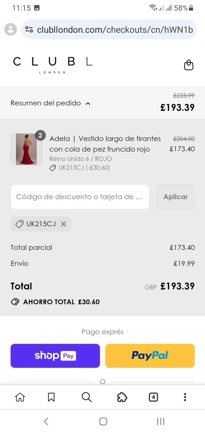 Club L London discount code screenshot showing code UK215CJ applied at Club L London checkout page. Uploaded by SimplyCodes community member Menotii23 on Aug 9, 2025