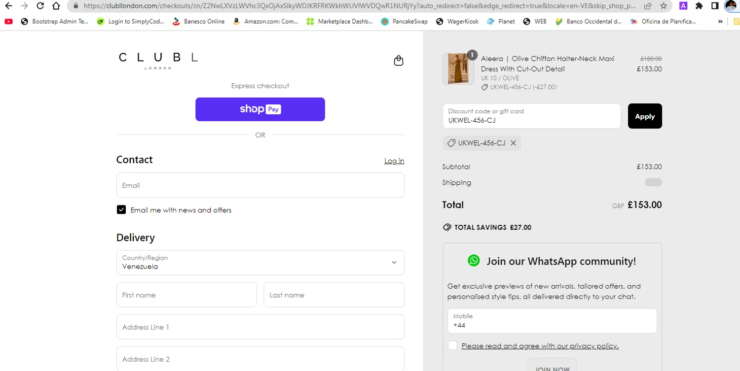 Club L London discount code screenshot showing code UKWEL-456-CJ applied at Club L London checkout page. Uploaded by SimplyCodes community member pollima on Jun 19, 2025
