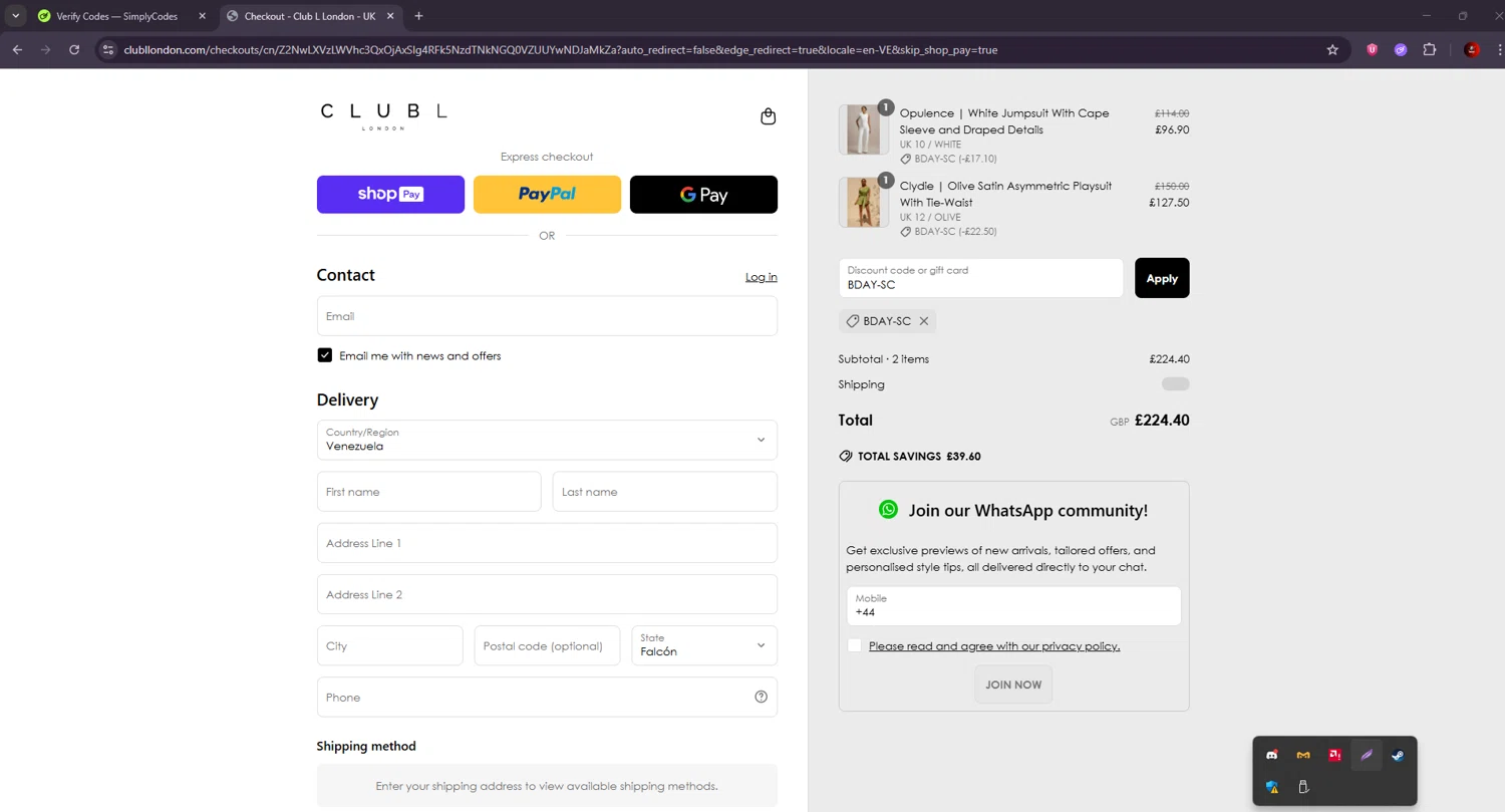 Club L London discount code screenshot showing code BDAY-SC applied at Club L London checkout page. Uploaded by SimplyCodes community member BrilliantSaver7516 on Jun 19, 2025