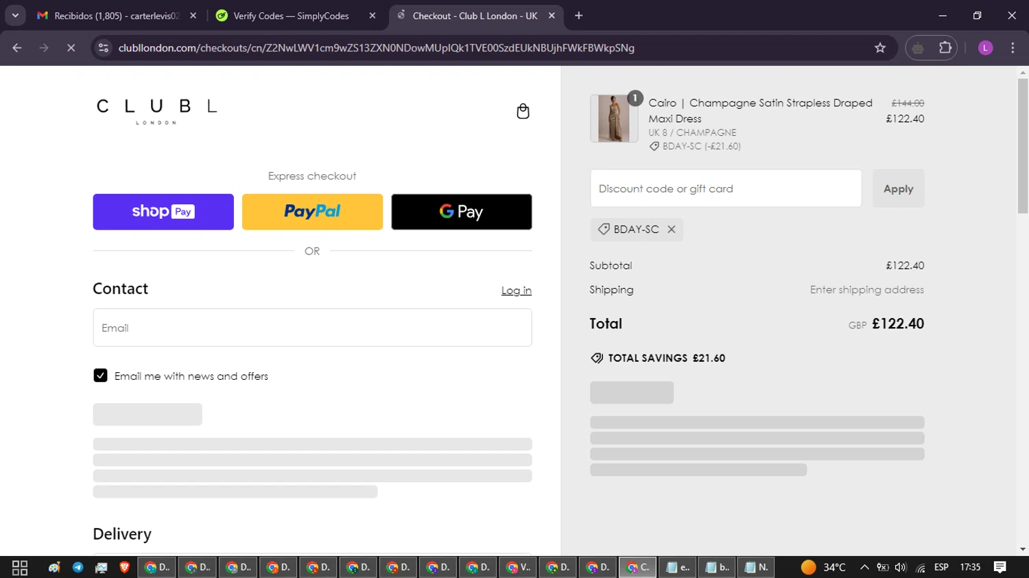 Club L London discount code screenshot showing code BDAY-SC applied at Club L London checkout page. Uploaded by SimplyCodes community member RewardScout5160 on Jan 11, 2025