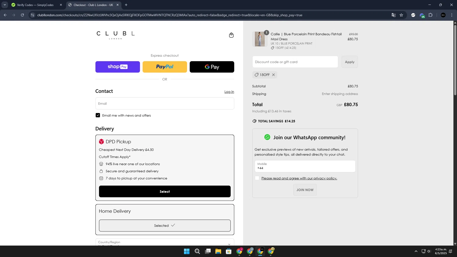 Club L London discount code screenshot showing code 15OFF applied at Club L London checkout page. Uploaded by SimplyCodes community member JoseLocoHugo on May 6, 2025