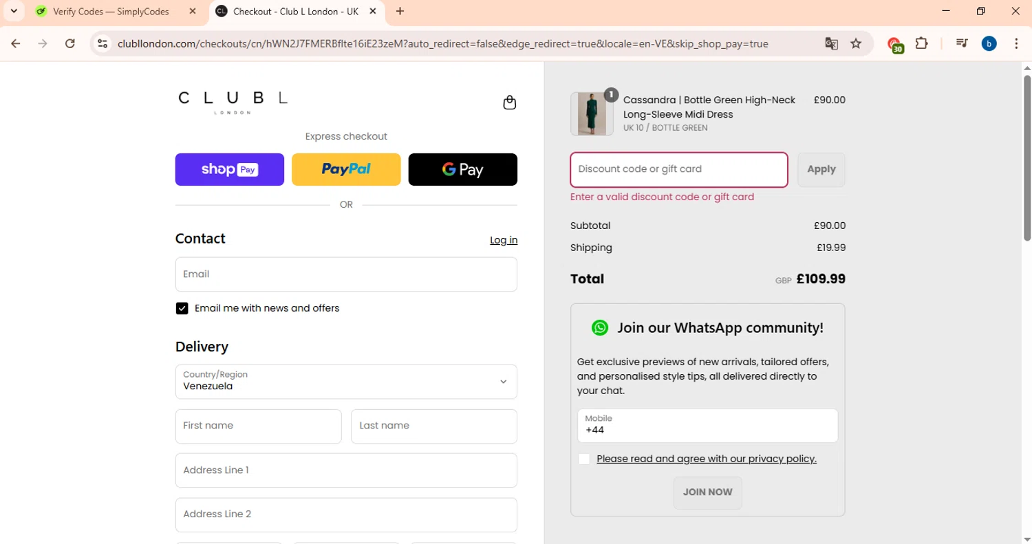 Club L London discount code screenshot showing code STUDENTDISCOUNT applied at Club L London checkout page. Uploaded by SimplyCodes community member CouponFalcon9871 on Aug 28, 2025