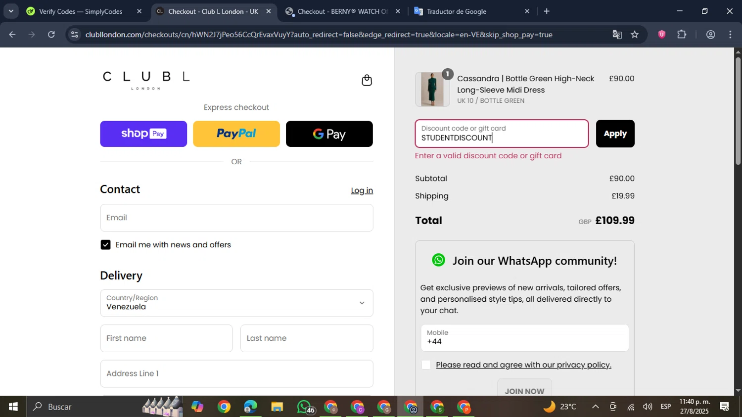 Club L London discount code screenshot showing code STUDENTDISCOUNT applied at Club L London checkout page. Uploaded by SimplyCodes community member GloriousDefender7889 on Aug 28, 2025