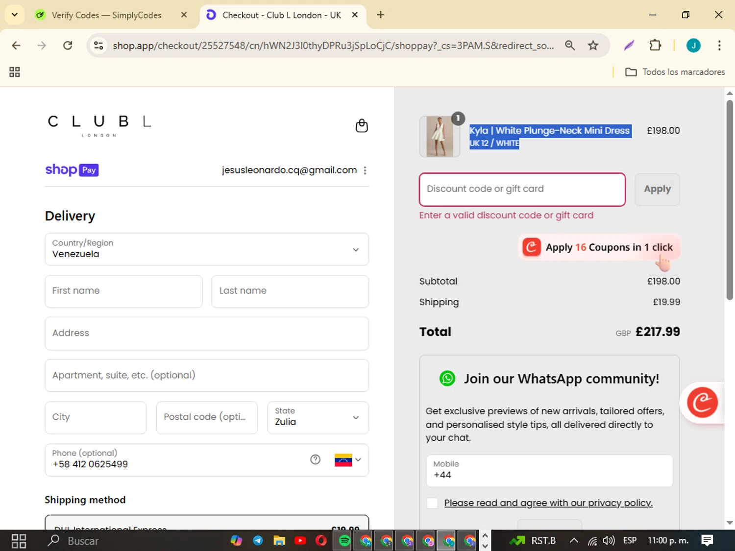 Club L London discount code screenshot showing code STUDENTDISCOUNT applied at Club L London checkout page. Uploaded by SimplyCodes community member JESUSCOLMAN on Aug 28, 2025