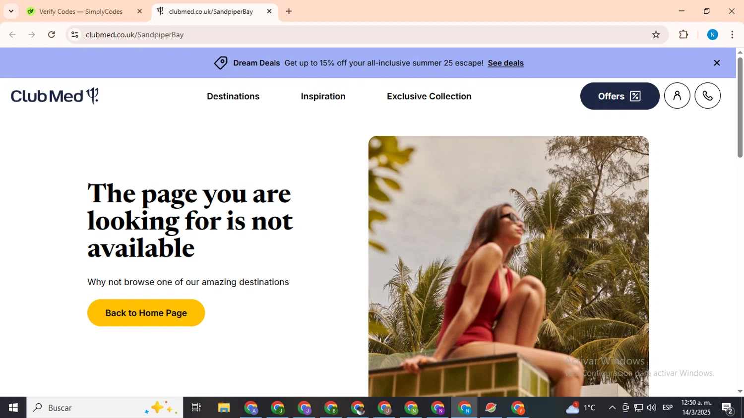 Club Med promo code screenshot showing code SANDPI applied at Club Med checkout page. Uploaded by SimplyCodes community member CoinHawk678 on Mar 14, 2025