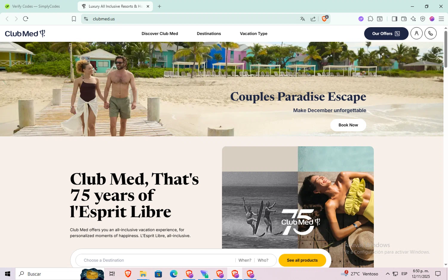 Club Med promo code screenshot showing code 11.11 applied at Club Med checkout page. Uploaded by SimplyCodes community member aaaaaaaaaaaaaaa on Nov 12, 2025
