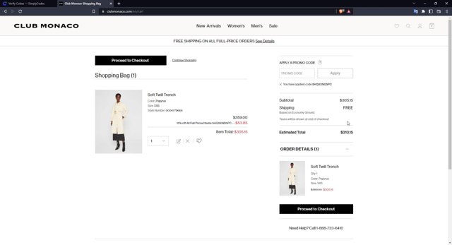 Club Monaco checkout page showing Club Monaco promo code box | Screenshot taken by SimplyCodes community member on Oct 5, 2022