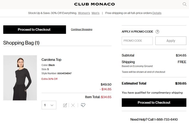 Club Monaco checkout page showing Club Monaco promo code box | Screenshot taken by SimplyCodes community member on Dec 21, 2022