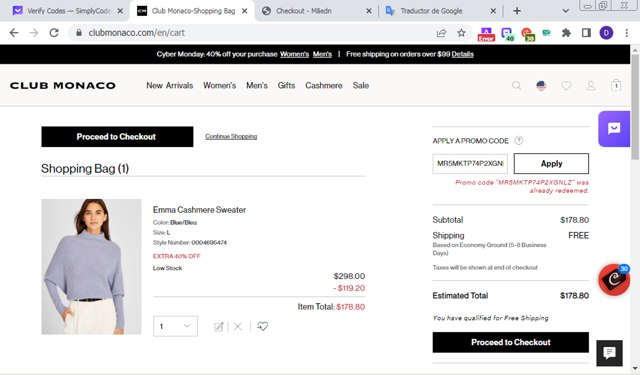 Club Monaco checkout page showing Club Monaco promo code box | Screenshot taken by SimplyCodes community member on Nov 27, 2023