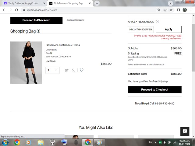 Club Monaco checkout page showing Club Monaco promo code box | Screenshot taken by SimplyCodes community member on Jan 16, 2024
