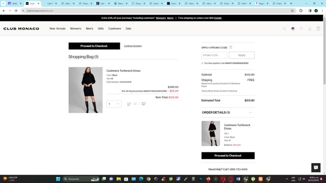 Club Monaco checkout page showing Club Monaco promo code box | Screenshot taken by SimplyCodes community member on Dec 25, 2023