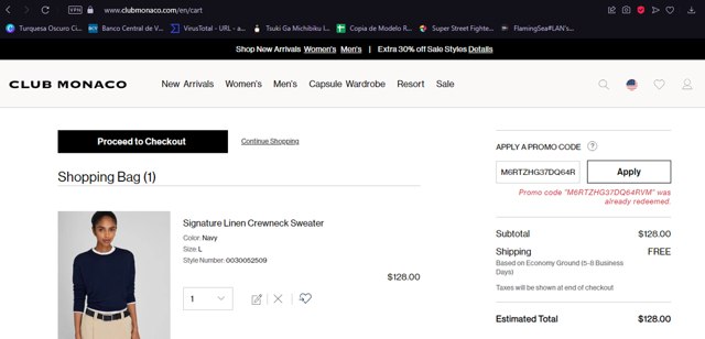Club Monaco checkout page showing Club Monaco promo code box | Screenshot taken by SimplyCodes community member on Mar 18, 2024