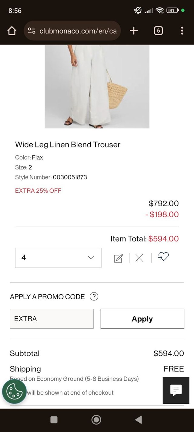 Club Monaco checkout page showing Club Monaco promo code box | Screenshot taken by SimplyCodes community member on May 1, 2024