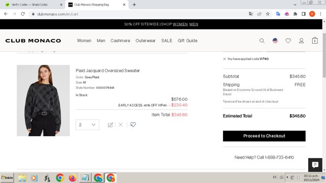 Club Monaco checkout page showing Club Monaco promo code box | Screenshot taken by SimplyCodes community member on Nov 15, 2024