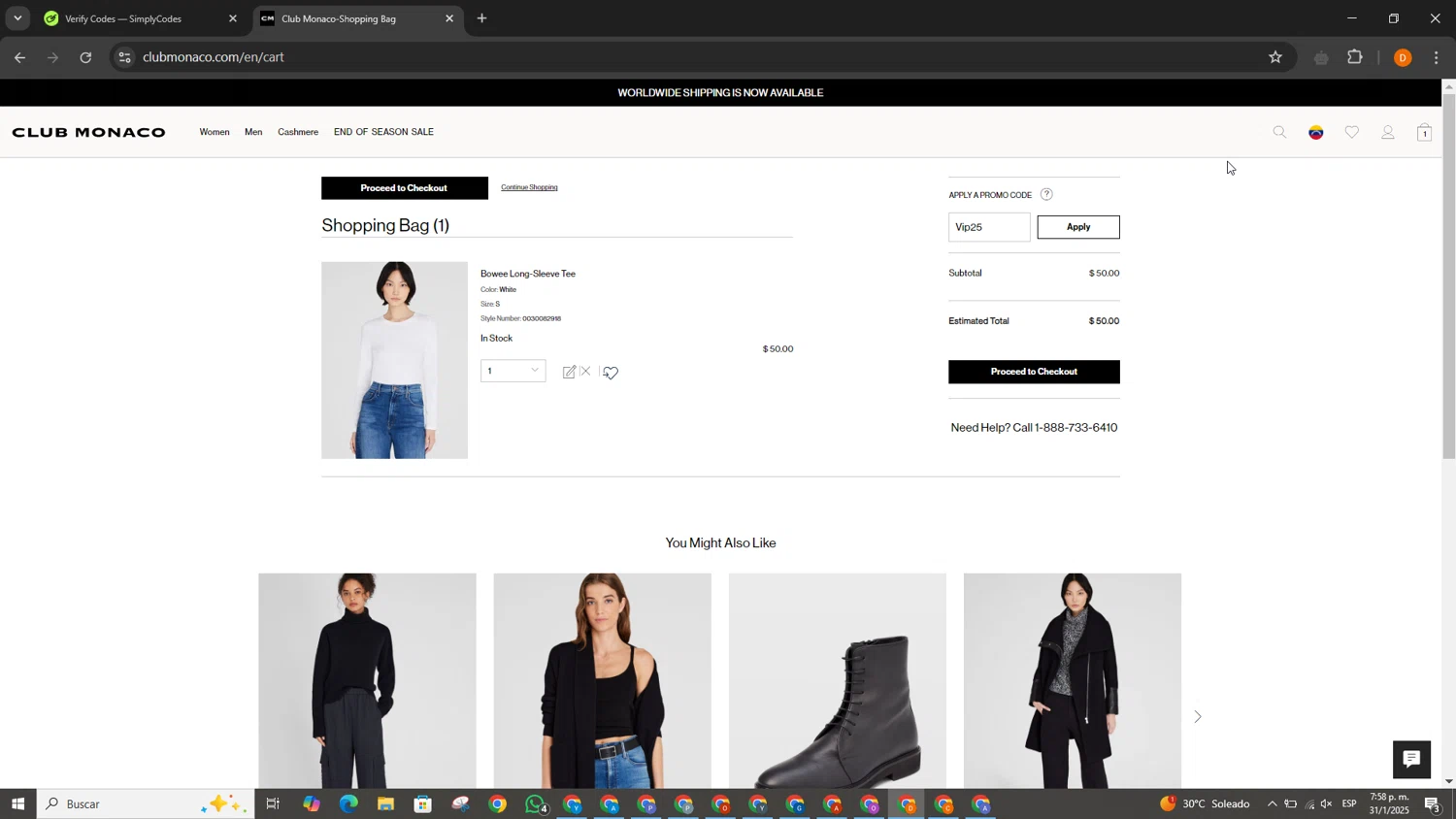 Club Monaco promo code screenshot showing code Vip25 applied at Club Monaco checkout page. Uploaded by SimplyCodes community member QuestMaven2378 on Jan 31, 2025