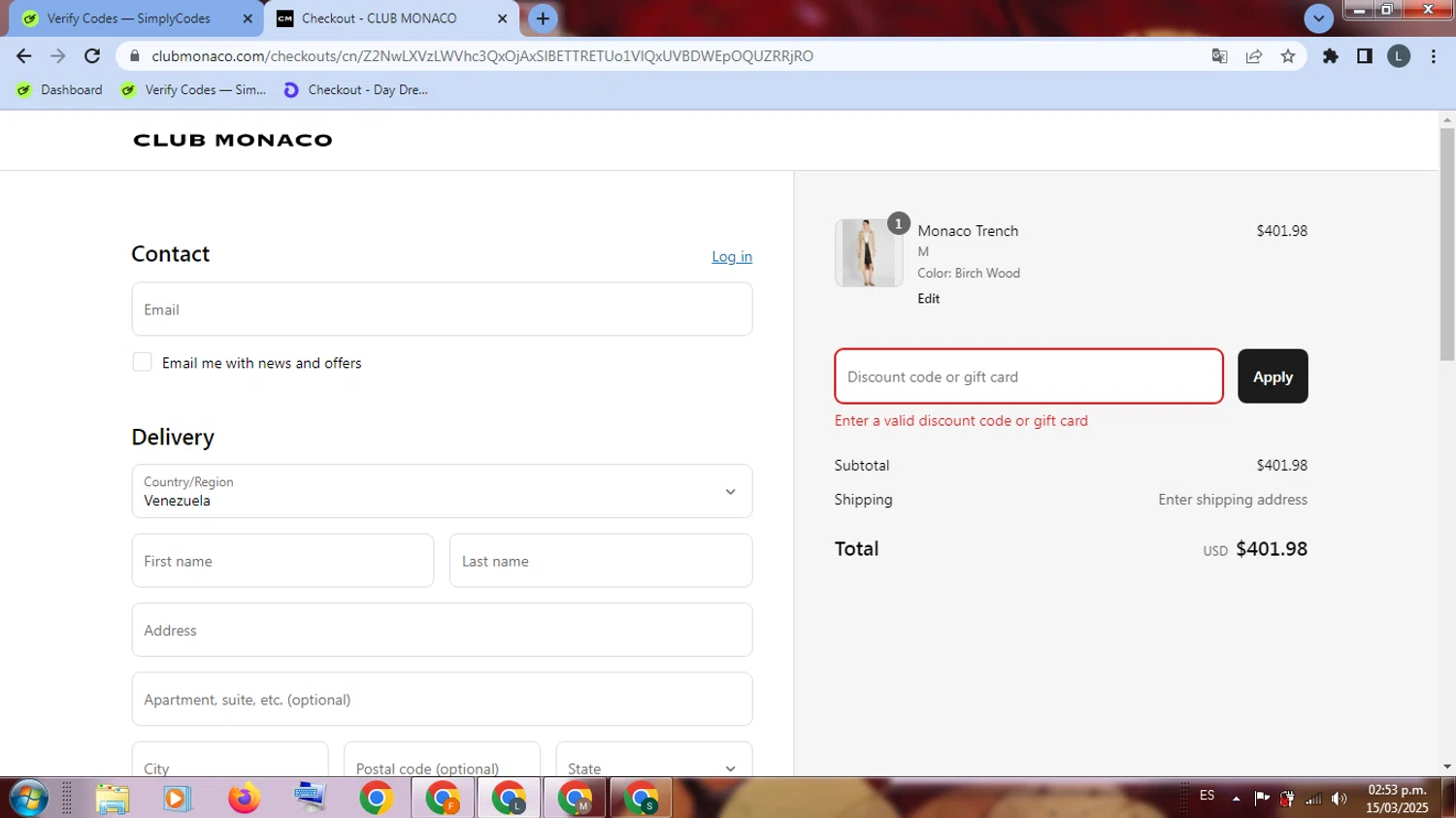Club Monaco promo code screenshot showing code ARCHIVESALE applied at Club Monaco checkout page. Uploaded by SimplyCodes community member EpicHunter3207 on Mar 15, 2025